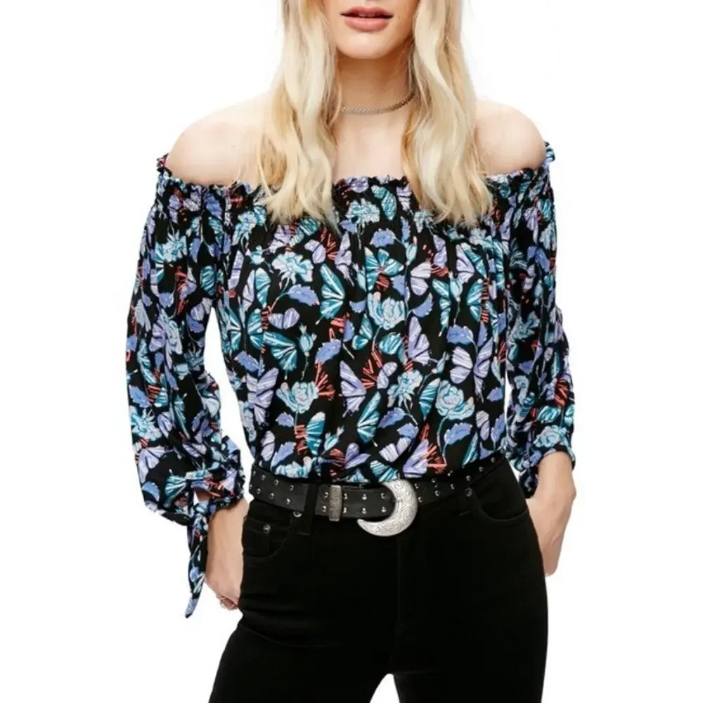 Free People Lexington Off-the-Shoulder Top Small  boho oversized EUC colorful